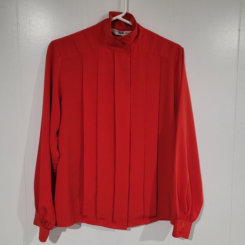 The Bay Vintage Stunning Red Blouse. High Collar, Front Pleating, Puffy Cuffs.